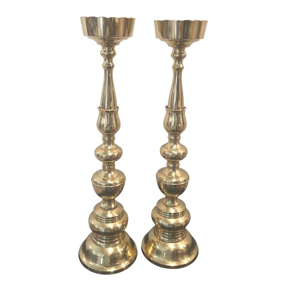 Vintage Brass Tall‎ Candlesticks Set of 2 Hollywood Regency Japanese Made 18"
